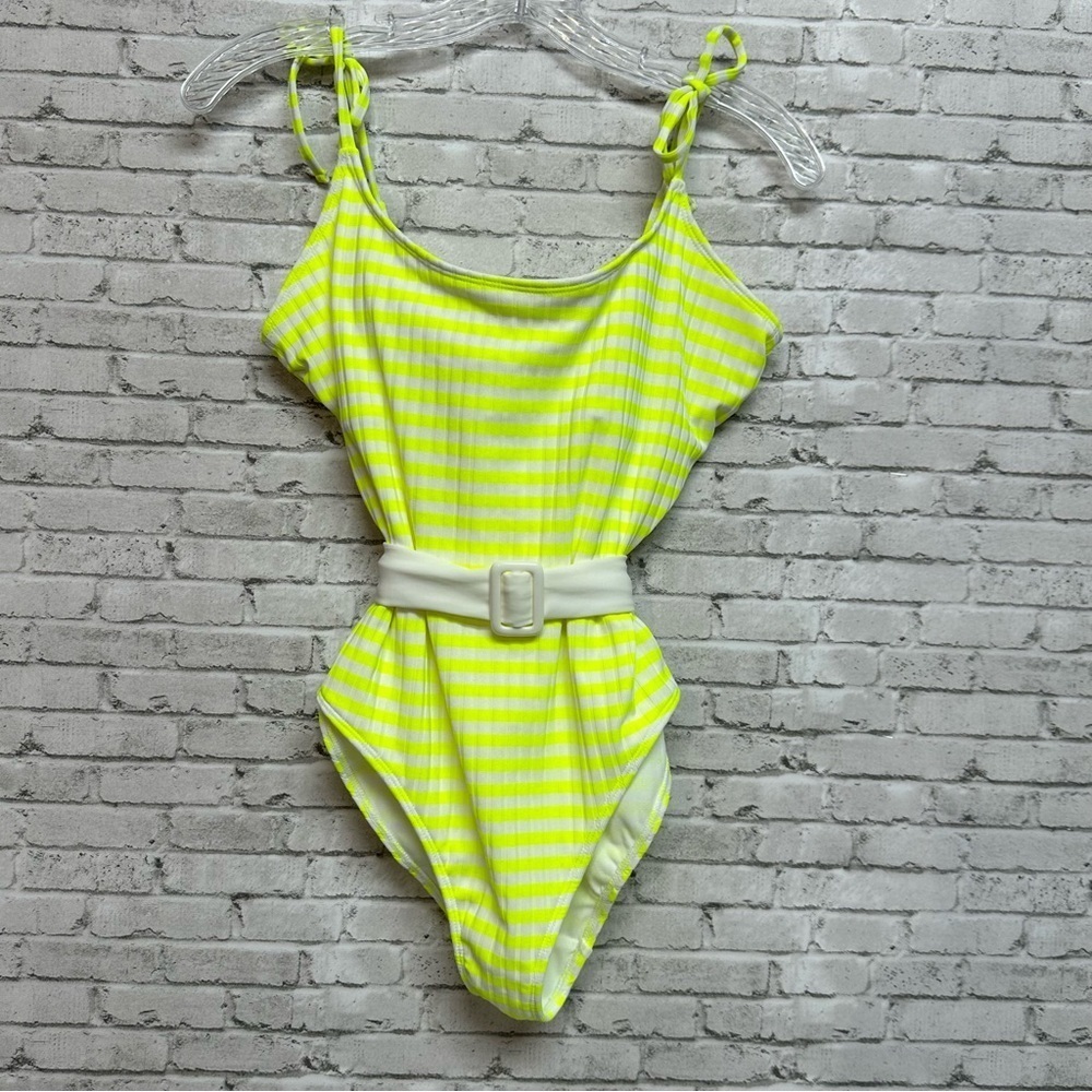 No Boundaries Juniors Swimsuit L (11-13) Yellow White Striped One-Piece Belted